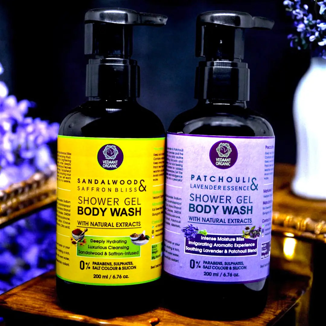 Shower Gel Duo Combo I Patchouli Lavender Essence & Sandalwood Saffron Bliss Shower Gel/Body Wash with Natural Extracts