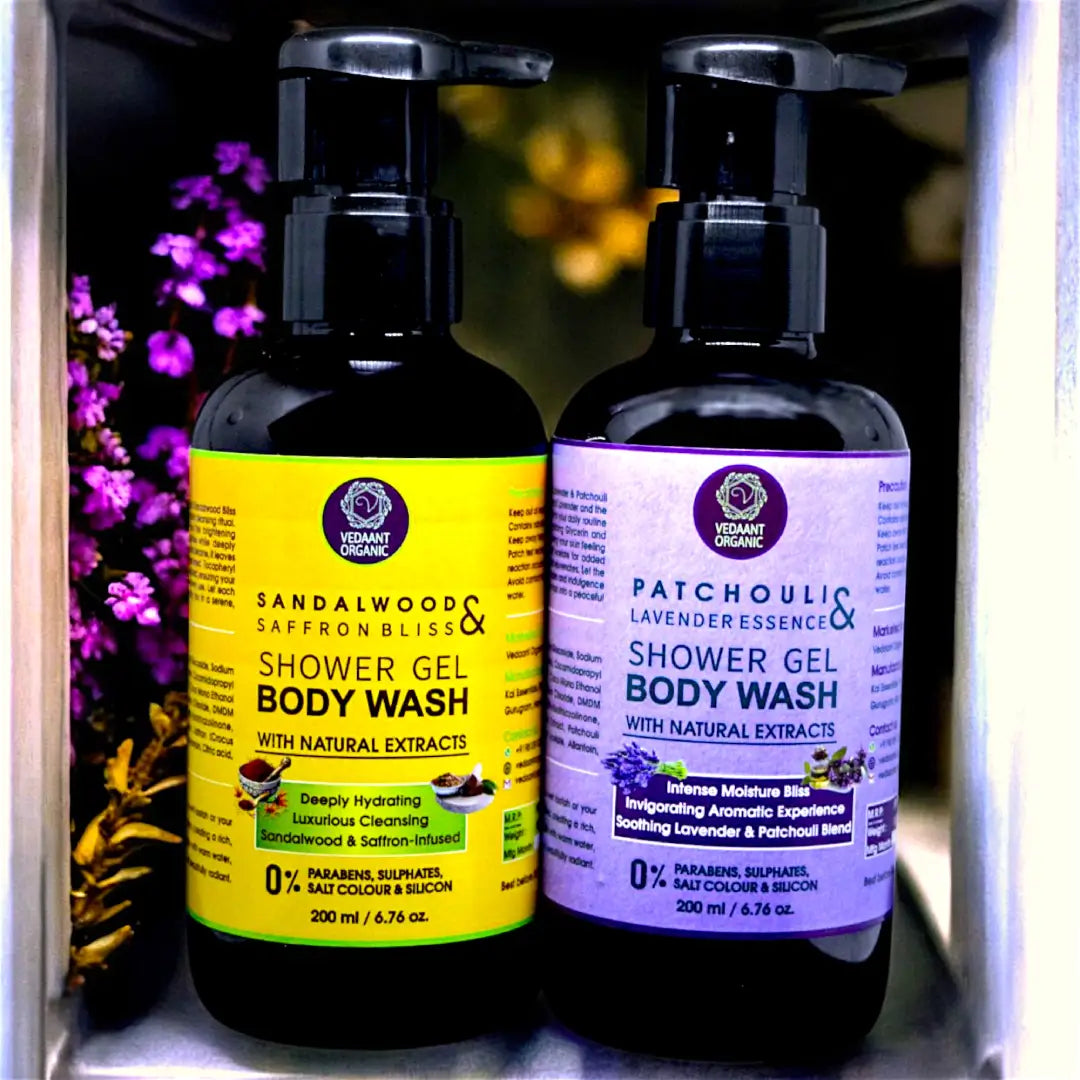 Shower Gel Duo Combo I Patchouli Lavender Essence & Sandalwood Saffron Bliss Shower Gel/Body Wash with Natural Extracts