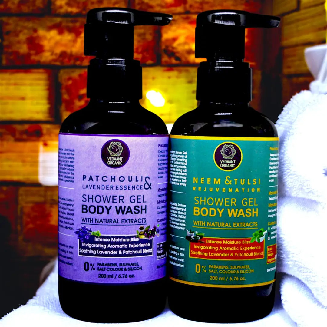 Shower Gel Duo Combo I Patchouli Lavender Essence & Neem Tulsi Rejuvenation Shower Gel/Body Wash with Aloe Vera & Natural Extracts