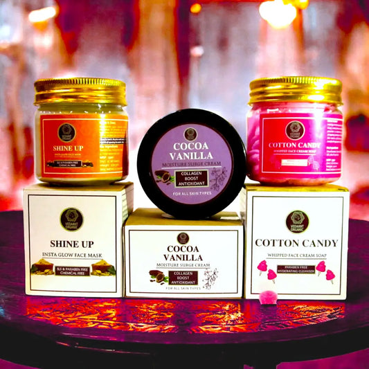 Best of 3 Facial Combo I Cocoa Vanilla Moisture Surge Cream & Shine Up Insta Glow Mask & Cotton Candy Whipped Cream Soap