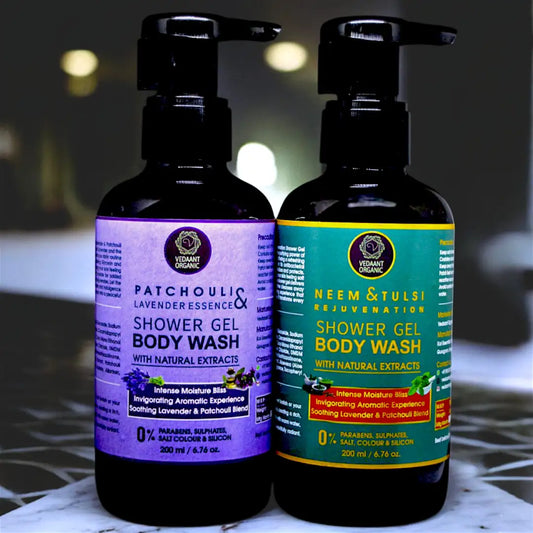 Shower Gel Duo Combo I Patchouli Lavender Essence & Neem Tulsi Rejuvenation Shower Gel/Body Wash with Aloe Vera & Natural Extracts