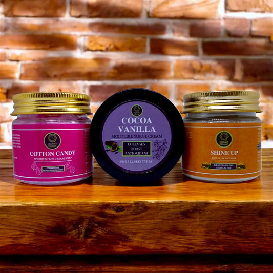 Best of 3 Facial Combo I Cocoa Vanilla Moisture Surge Cream & Shine Up Insta Glow Mask & Cotton Candy Whipped Cream Soap